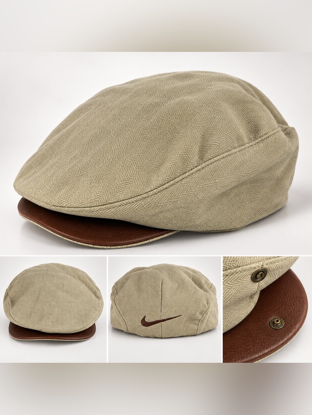 Vintage Nike Newsboy Driver Cap M Beige Herringbone Leather Brim Made USA